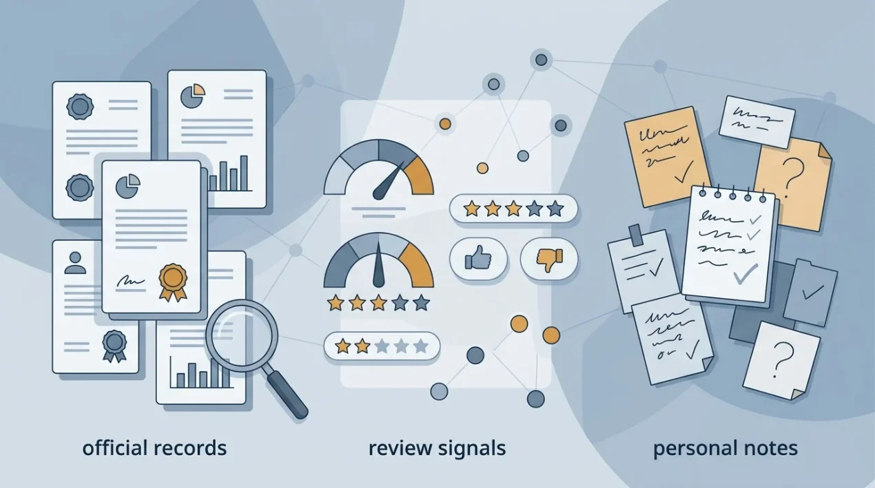 Abstract reputation dashboard separating official facts and user reviews