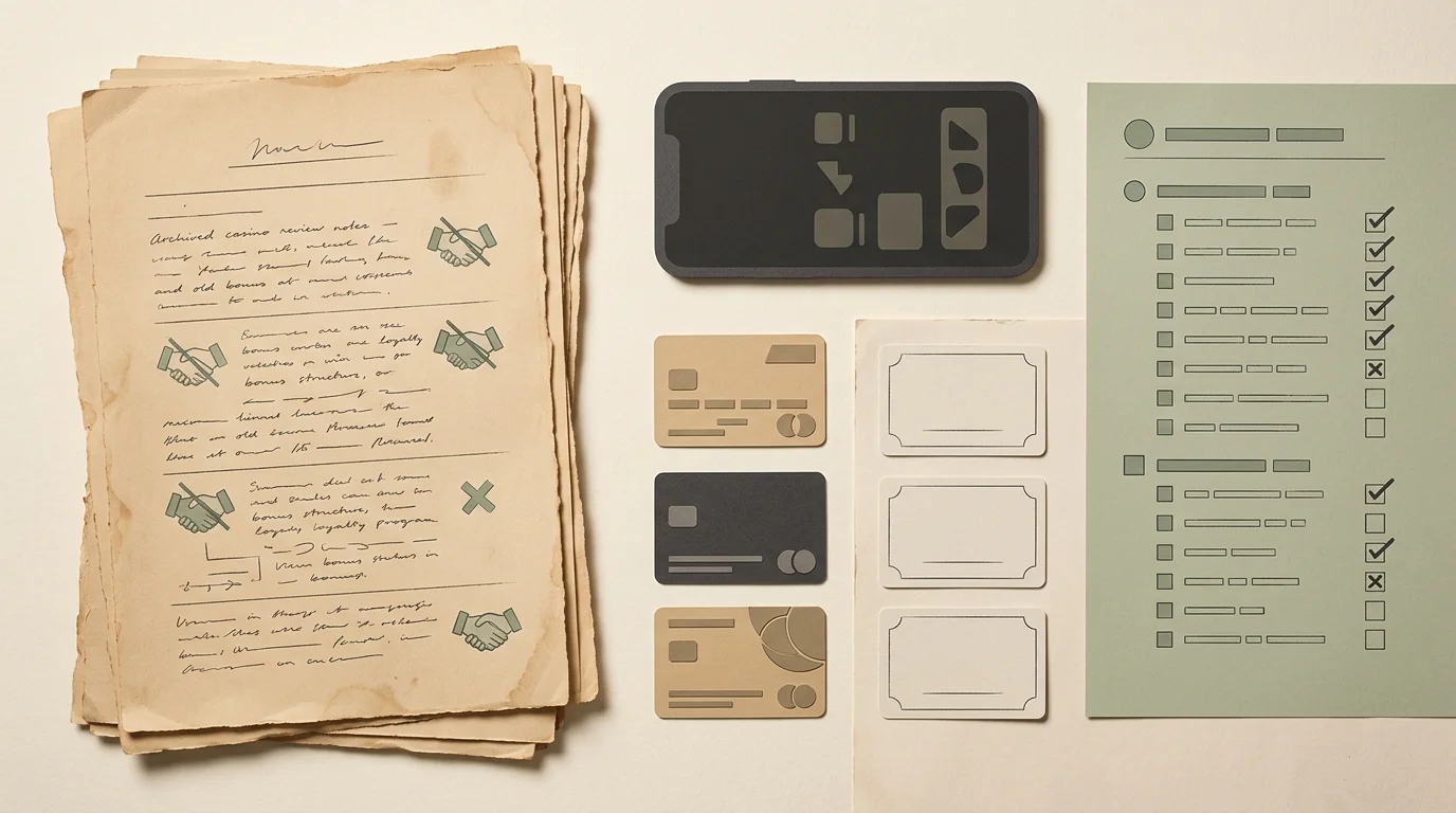 Editorial illustration of archived casino review notes and UK compliance checks