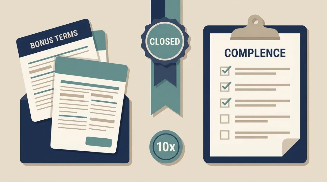 Abstract bonus terms card with closed-brand status and UK bonus-rule checklist