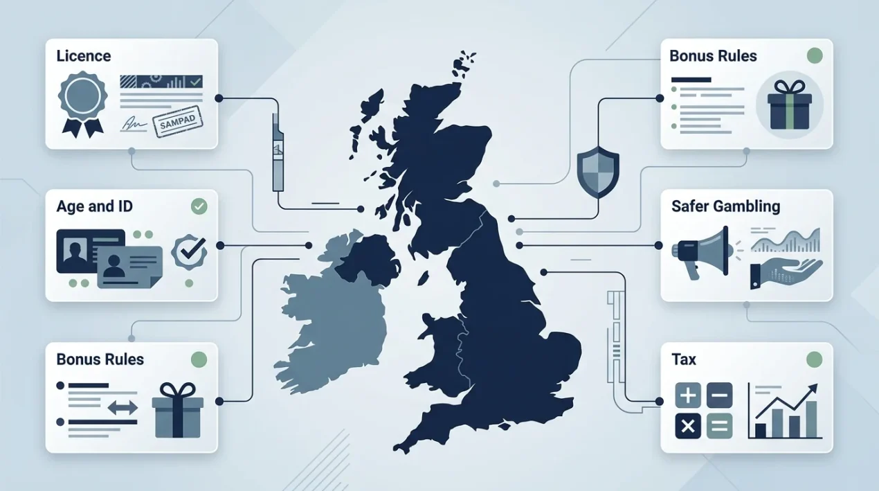 Abstract UK online casino rules map for licensing, payments, bonuses and safer gambling